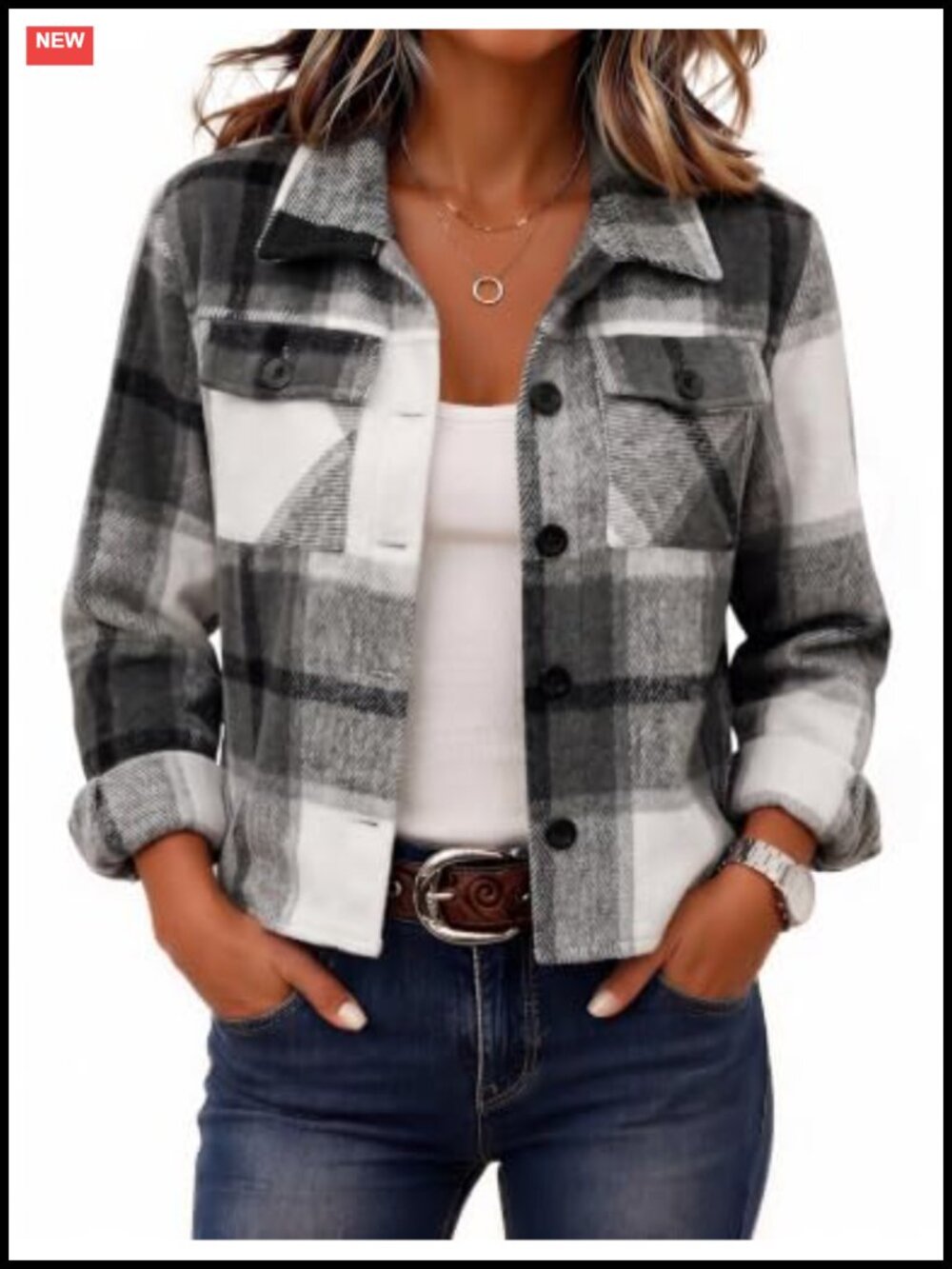 Cropped Plaid Flannel Shacket Jacket Loose Fit Casual Fall Coat